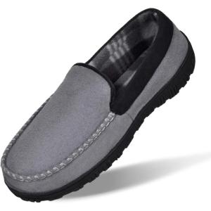 imageMIXIN Mens Moccasins Slippers Slip On House Shoes with Warm and Cozy Memory Foam Hard Sole Indoor OutdoorGrey Black