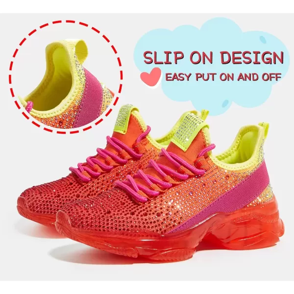 imageLUCKY STEP Girls Rhinestone Slip On Sneakers Kids Sparkly Lightweight Tennis School Knit Jelly Sole Glitter Walking Shoes ToddlerOrange Rhinestone