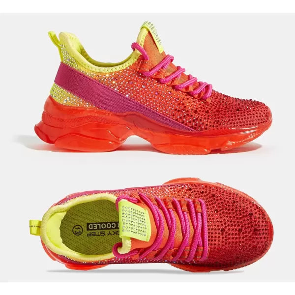 imageLUCKY STEP Girls Rhinestone Slip On Sneakers Kids Sparkly Lightweight Tennis School Knit Jelly Sole Glitter Walking Shoes ToddlerOrange Rhinestone