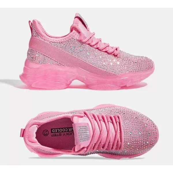 imageLUCKY STEP Girls Rhinestone Slip On Sneakers Kids Sparkly Lightweight Tennis School Knit Jelly Sole Glitter Walking Shoes ToddlerPink Rhinestone