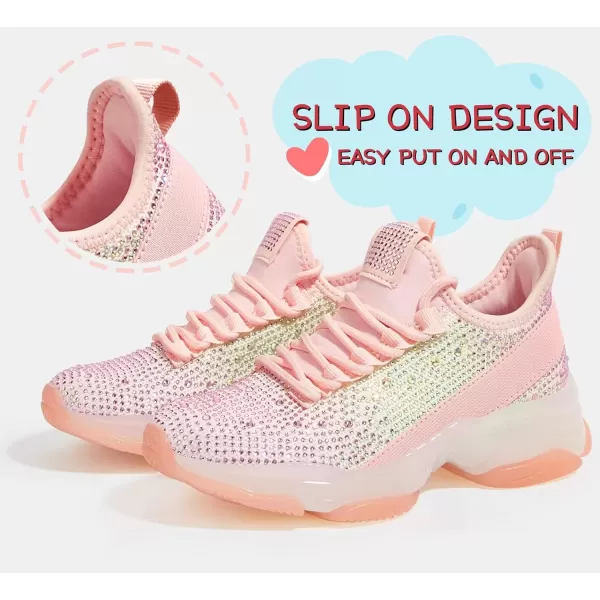 imageLUCKY STEP Girls Rhinestone Slip On Sneakers Kids Sparkly Lightweight Tennis School Knit Jelly Sole Glitter Walking Shoes ToddlerRainbowPink Rhinestone