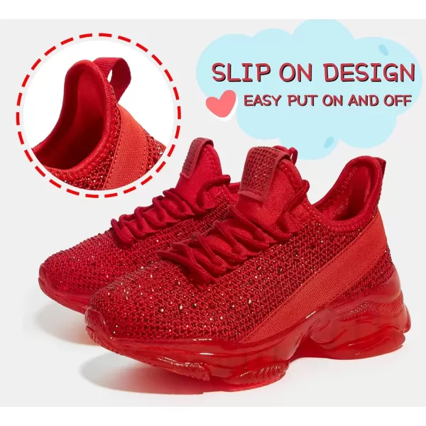 imageLUCKY STEP Girls Rhinestone Slip On Sneakers Kids Sparkly Lightweight Tennis School Knit Jelly Sole Glitter Walking Shoes ToddlerRed Rhinestone