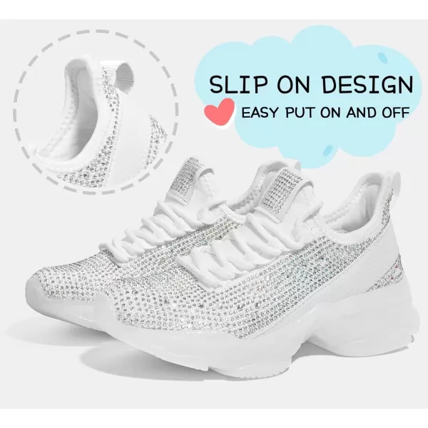 imageLUCKY STEP Girls Rhinestone Slip On Sneakers Kids Sparkly Lightweight Tennis School Knit Jelly Sole Glitter Walking Shoes ToddlerWhite Rhinestone