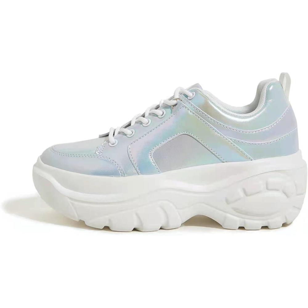 LUCKY STEP Women Chunky Platform Dad Colorblock White Neon Green Fuchsia Hologram Silver Casual Lace-Up Walking Sneakers, Purple, 7 Price In Saudi Arabia | Amazon Saudi Arabia