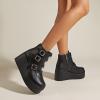 imageLUCKY STEP Women Platform Chunky Ankle Boots  Round Toe Zipper Wedges High Heels Rave Buckle Thick Sole Goth BootiesBlack
