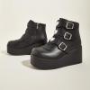 imageLUCKY STEP Women Platform Chunky Ankle Boots  Round Toe Zipper Wedges High Heels Rave Buckle Thick Sole Goth BootiesBlack