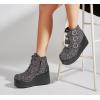 imageLUCKY STEP Women Platform Chunky Ankle Boots  Round Toe Zipper Wedges High Heels Rave Buckle Thick Sole Goth BootiesBlack Glitter