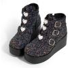 imageLUCKY STEP Women Platform Chunky Ankle Boots  Round Toe Zipper Wedges High Heels Rave Buckle Thick Sole Goth BootiesBlack Glitter