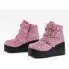 imageLUCKY STEP Women Platform Chunky Ankle Boots  Round Toe Zipper Wedges High Heels Rave Buckle Thick Sole Goth BootiesPinkBlack Glitter