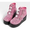 imageLUCKY STEP Women Platform Chunky Ankle Boots  Round Toe Zipper Wedges High Heels Rave Buckle Thick Sole Goth BootiesPinkBlack Glitter