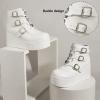 imageLUCKY STEP Women Platform Chunky Ankle Boots  Round Toe Zipper Wedges High Heels Rave Buckle Thick Sole Goth BootiesWhite