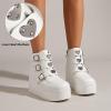 imageLUCKY STEP Women Platform Chunky Ankle Boots  Round Toe Zipper Wedges High Heels Rave Buckle Thick Sole Goth BootiesWhite