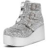 imageLUCKY STEP Women Platform Chunky Ankle Boots  Round Toe Zipper Wedges High Heels Rave Buckle Thick Sole Goth BootiesSilver Glitter