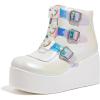 imageLUCKY STEP Women Platform Chunky Ankle Boots  Round Toe Zipper Wedges High Heels Rave Buckle Thick Sole Goth BootiesWhite Hologram