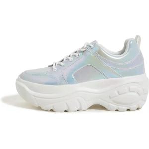 imageLUCKY STEP Women Chunky Platform Dad Colorblock White Neon Green Fuchsia Hologram Silver Casual LaceUp Walking SneakersBlue Hologram