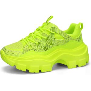imageLUCKY STEP Women Chunky Platform Dad Colorblock White Neon Green Fuchsia Hologram Silver Casual LaceUp Walking SneakersNeon Yellow Rhinestone