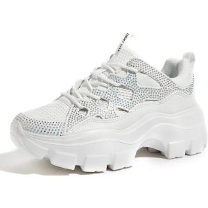 imageLUCKY STEP Women Chunky Platform Dad Colorblock White Neon Green Fuchsia Hologram Silver Casual LaceUp Walking SneakersNew White Rhinestone