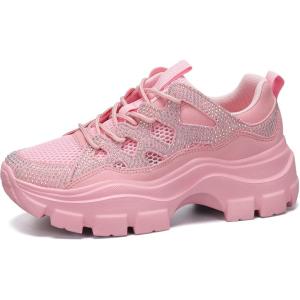imageLUCKY STEP Women Chunky Platform Dad Colorblock White Neon Green Fuchsia Hologram Silver Casual LaceUp Walking SneakersPink Rhinestone