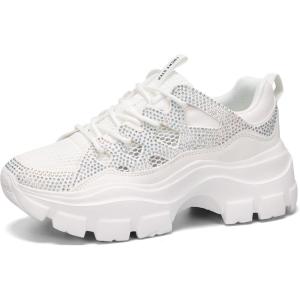 imageLUCKY STEP Women Chunky Platform Dad Colorblock White Neon Green Fuchsia Hologram Silver Casual LaceUp Walking SneakersWhite Rhinestone