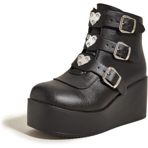 imageLUCKY STEP Women Platform Chunky Ankle Boots  Round Toe Zipper Wedges High Heels Rave Buckle Thick Sole Goth BootiesBlack