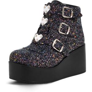 imageLUCKY STEP Women Platform Chunky Ankle Boots  Round Toe Zipper Wedges High Heels Rave Buckle Thick Sole Goth BootiesBlack Glitter