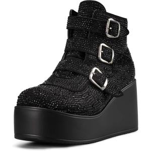 imageLUCKY STEP Women Platform Chunky Ankle Boots  Round Toe Zipper Wedges High Heels Rave Buckle Thick Sole Goth BootiesBlack Rhinestone