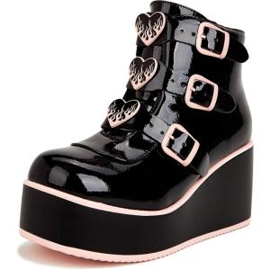 imageLUCKY STEP Women Platform Chunky Ankle Boots  Round Toe Zipper Wedges High Heels Rave Buckle Thick Sole Goth BootiesBlackPink