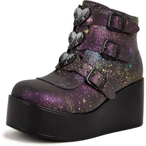 imageLUCKY STEP Women Platform Chunky Ankle Boots  Round Toe Zipper Wedges High Heels Rave Buckle Thick Sole Goth BootiesNavy Reflec