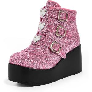 imageLUCKY STEP Women Platform Chunky Ankle Boots  Round Toe Zipper Wedges High Heels Rave Buckle Thick Sole Goth BootiesPinkBlack Glitter