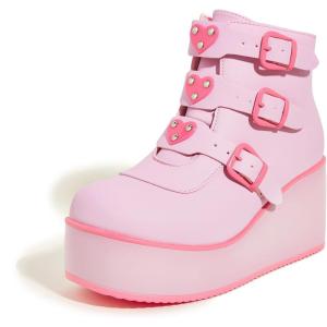 imageLUCKY STEP Women Platform Chunky Ankle Boots  Round Toe Zipper Wedges High Heels Rave Buckle Thick Sole Goth BootiesPinkFuchsia