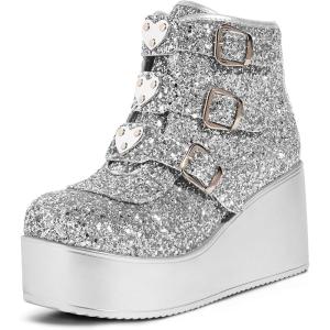 imageLUCKY STEP Women Platform Chunky Ankle Boots  Round Toe Zipper Wedges High Heels Rave Buckle Thick Sole Goth BootiesSilver Glitter