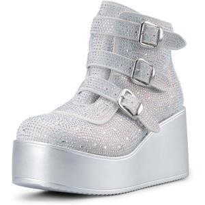 imageLUCKY STEP Women Platform Chunky Ankle Boots  Round Toe Zipper Wedges High Heels Rave Buckle Thick Sole Goth BootiesSilver Rhinestone