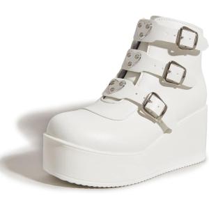 imageLUCKY STEP Women Platform Chunky Ankle Boots  Round Toe Zipper Wedges High Heels Rave Buckle Thick Sole Goth BootiesWhite