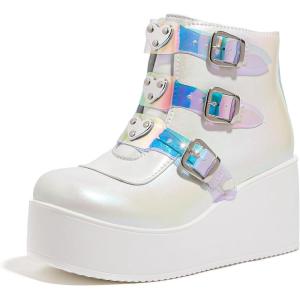 imageLUCKY STEP Women Platform Chunky Ankle Boots  Round Toe Zipper Wedges High Heels Rave Buckle Thick Sole Goth BootiesWhite Hologram
