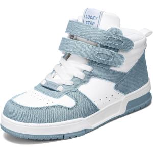 imageLUCKY STEP Womens High Top Fashion Sneakers Basketball Ankle Boots Walking Tennis Shoes Platform Hook and Loop Casual Faux Leather SneakerDenim Blue