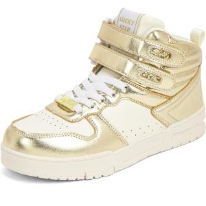 imageLUCKY STEP Womens High Top Fashion Sneakers Basketball Ankle Boots Walking Tennis Shoes Platform Hook and Loop Casual Faux Leather SneakerGold