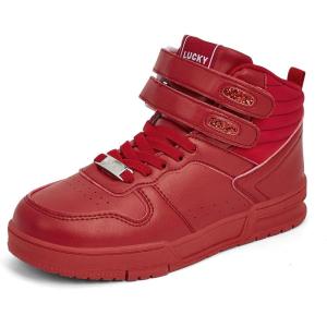 imageLUCKY STEP Womens High Top Fashion Sneakers Basketball Ankle Boots Walking Tennis Shoes Platform Hook and Loop Casual Faux Leather SneakerRed