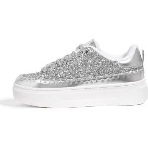 imageLUCKY STEP Platform Glitter Sneakers for Women Fashion Sparkly Bling Shiny Low Top Tennis Sneakers Faux Leather Casual Walking ShoesSilver Glitter