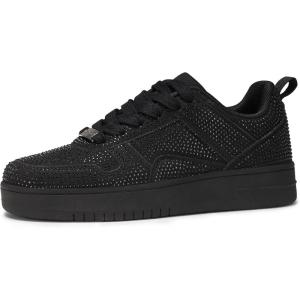 imageLUCKY STEP Women Fashion Sparkle Rhinestone Sneakers White Leather Low Top Tennis Shoes Lace Up Casual Comfortable Walking ShoeBlack Rhinestone