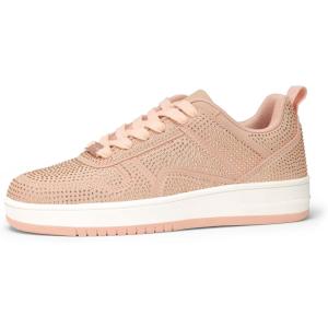imageLUCKY STEP Women Fashion Sparkle Rhinestone Sneakers White Leather Low Top Tennis Shoes Lace Up Casual Comfortable Walking ShoeNude Rhinestone
