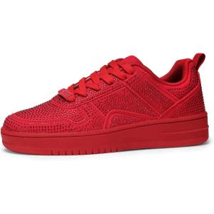 imageLUCKY STEP Women Fashion Sparkle Rhinestone Sneakers White Leather Low Top Tennis Shoes Lace Up Casual Comfortable Walking ShoeRed Rhinestone