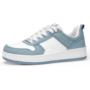imageLUCKY STEP Women Fashion Sparkle Rhinestone Sneakers White Leather Low Top Tennis Shoes Lace Up Casual Comfortable Walking ShoeWhiteDenim Blue