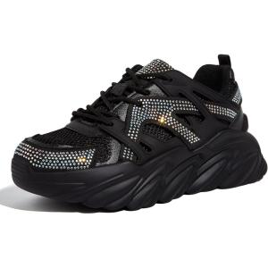 imageLUCKY STEP Womens Chunky Rhinestone Fashion Sneakers  Sparkly Platform Thick Dad Rave Mesh Walking ShoesBlack Rhinestone