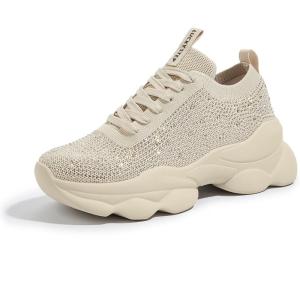 imageLUCKY STEP Womens Chunky Rhinestone Sneaker Sparkly Bling Bedazzled Mesh Slip on Elastic Sock Glitter Shiny Rave Walking ShoesBeige Rhinestone