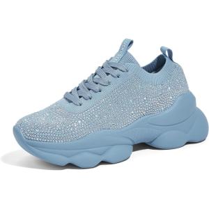 imageLUCKY STEP Womens Chunky Rhinestone Sneaker Sparkly Bling Bedazzled Mesh Slip on Elastic Sock Glitter Shiny Rave Walking ShoesBlue Rhinestone