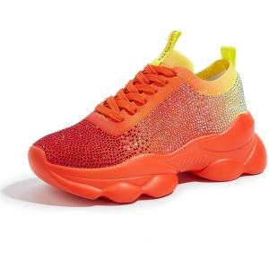 imageLUCKY STEP Womens Chunky Rhinestone Sneaker Sparkly Bling Bedazzled Mesh Slip on Elastic Sock Glitter Shiny Rave Walking ShoesOrange Rhinestone