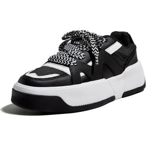 imageLUCKY STEP Womens Platform Fashion Sneakers Lace up Casual Faux Leather Comfortable Thick Sole Tennis Walking ShoesBlackWhite