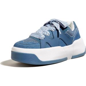 imageLUCKY STEP Womens Platform Fashion Sneakers Lace up Casual Faux Leather Comfortable Thick Sole Tennis Walking ShoesDenim Blue