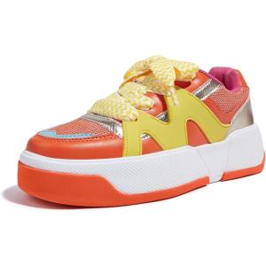 imageLUCKY STEP Womens Platform Fashion Sneakers Lace up Casual Faux Leather Comfortable Thick Sole Tennis Walking ShoesOrangeYellow