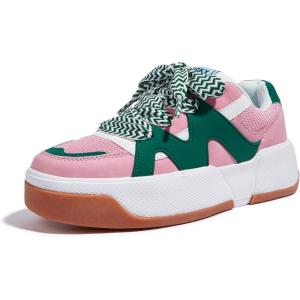 imageLUCKY STEP Womens Platform Fashion Sneakers Lace up Casual Faux Leather Comfortable Thick Sole Tennis Walking ShoesPinkGreen
